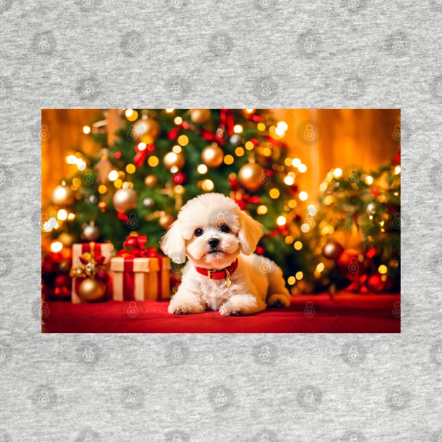 Bichon Frise Puppy Dog by Christmas Tree by nicecorgi